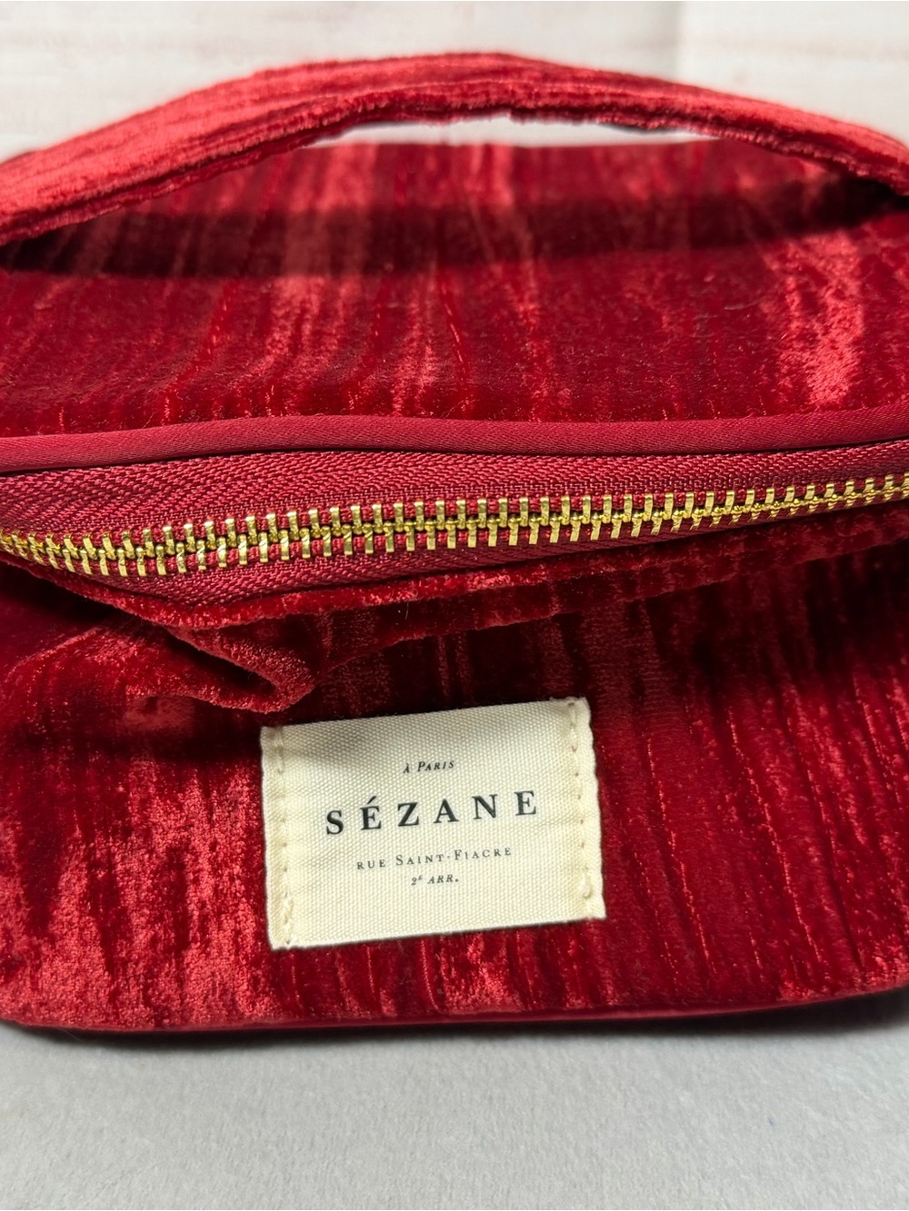 Sézane Red Velvet Cosmetic Pouch with Gold Zipper